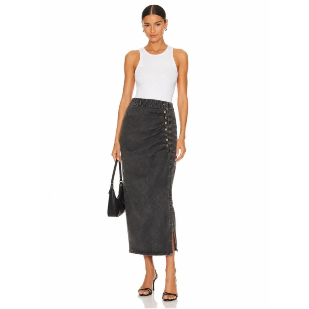 Ellie Makir New York Gray Denim Midi Skirt Large Ruched Snap Detail NWT